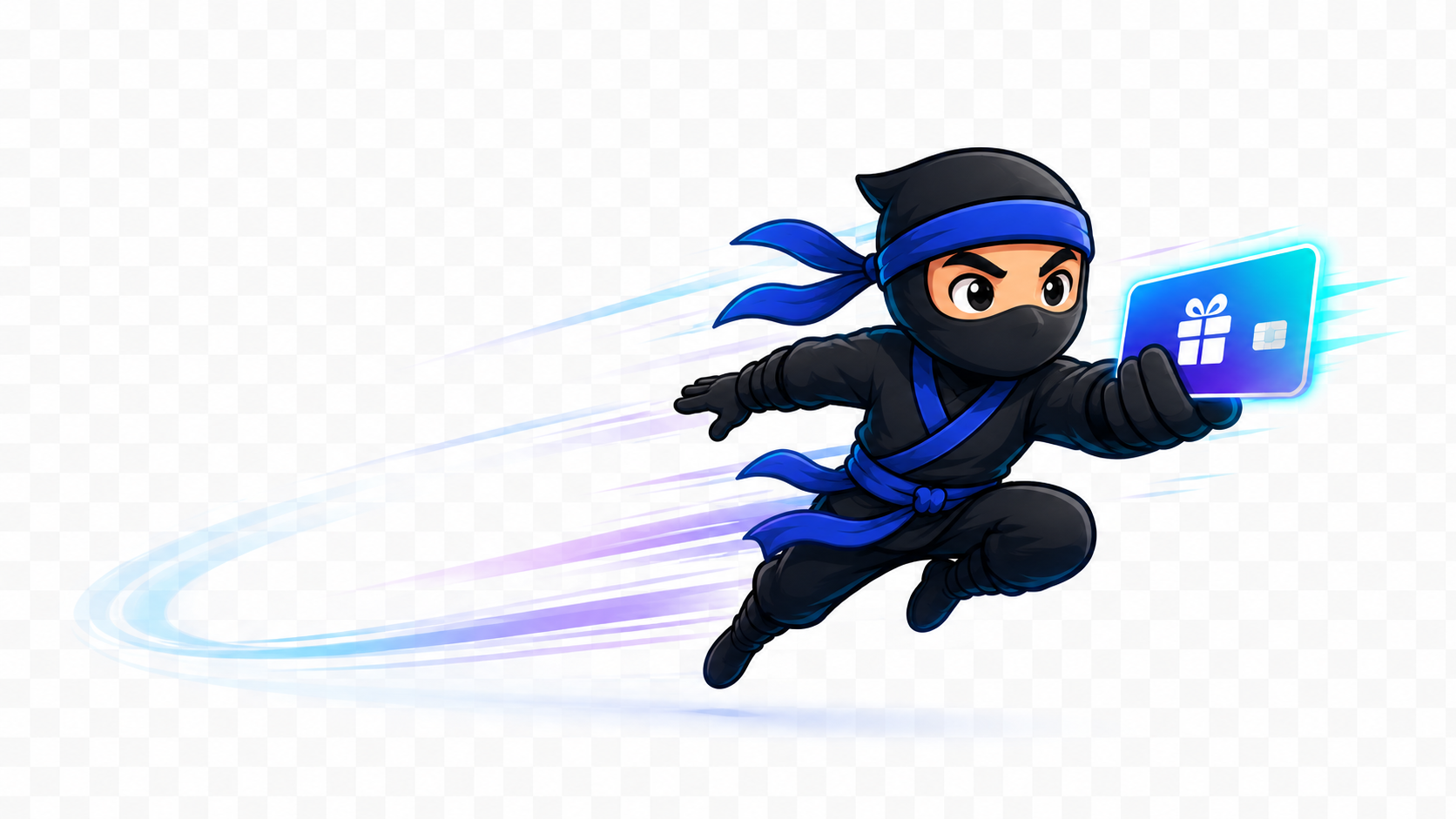 Ninja delivering a glowing virtual gift card